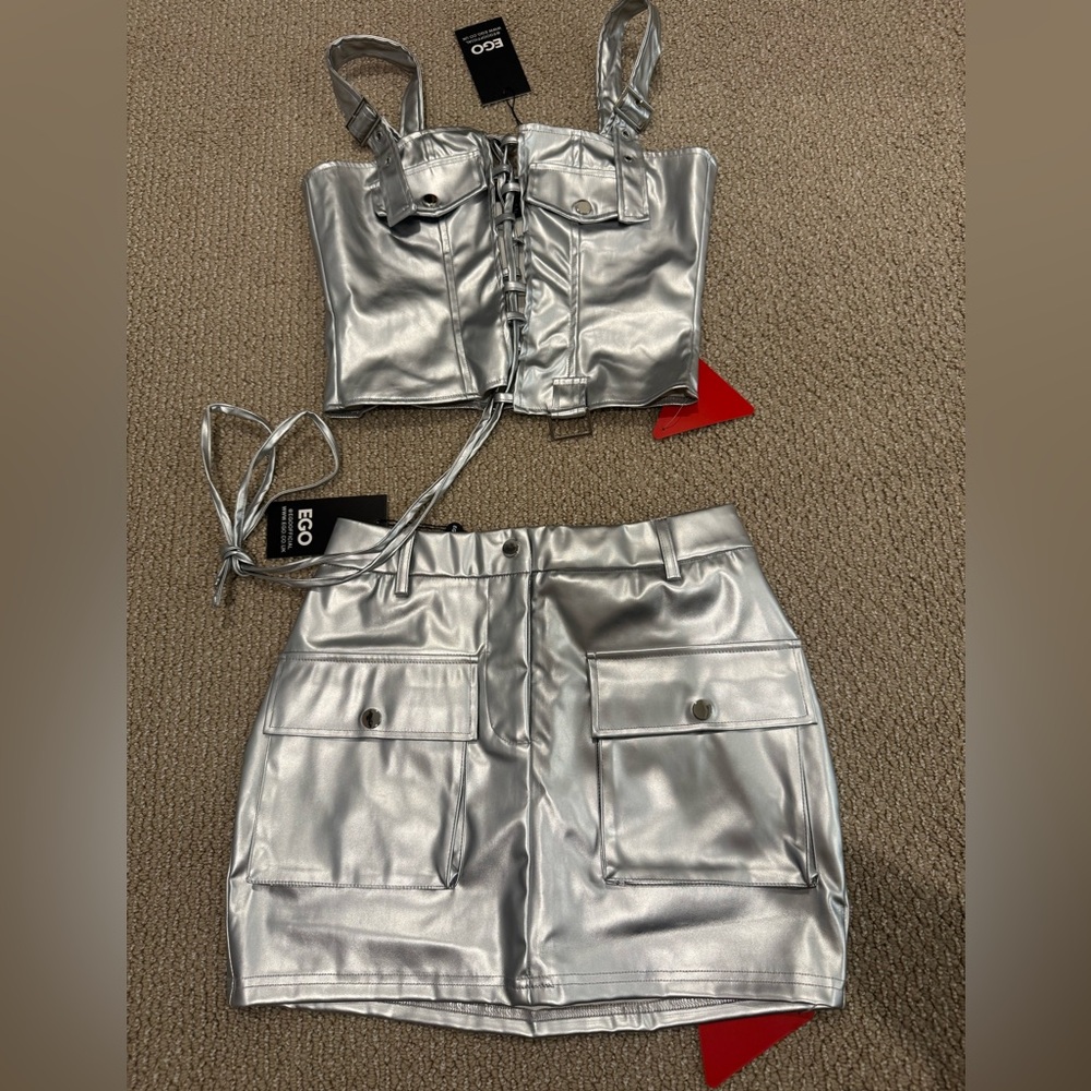 EGO SILVER METALLIC SKIRT SET LACE UP TOP FAUX LEATHER NEW NWT